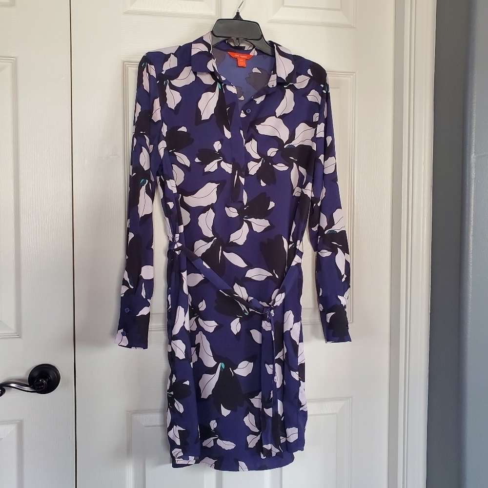 Joe Fresh Blue Floral Belted Shirt Midi Dress Long Sleeves 1/2 Button Front Med